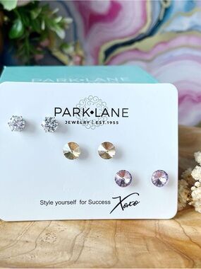 Park Lane LOLA Three-Pair Crystal Stud Set — Clear, Champagne, and Lilac, NWT